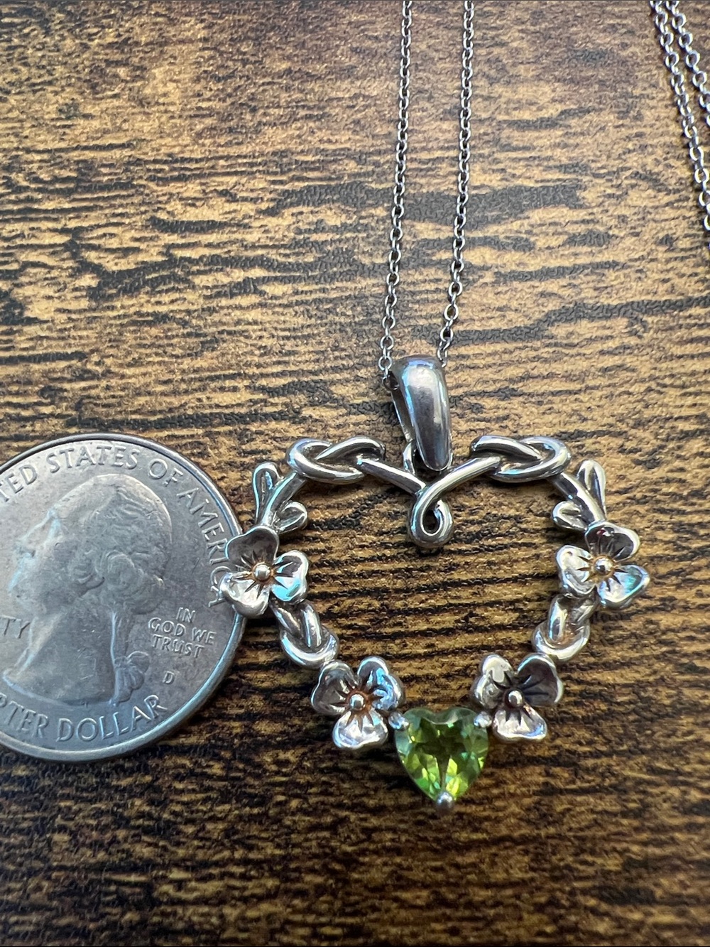 Sterling Silver Heart Pendant Necklace with Green Gemstone